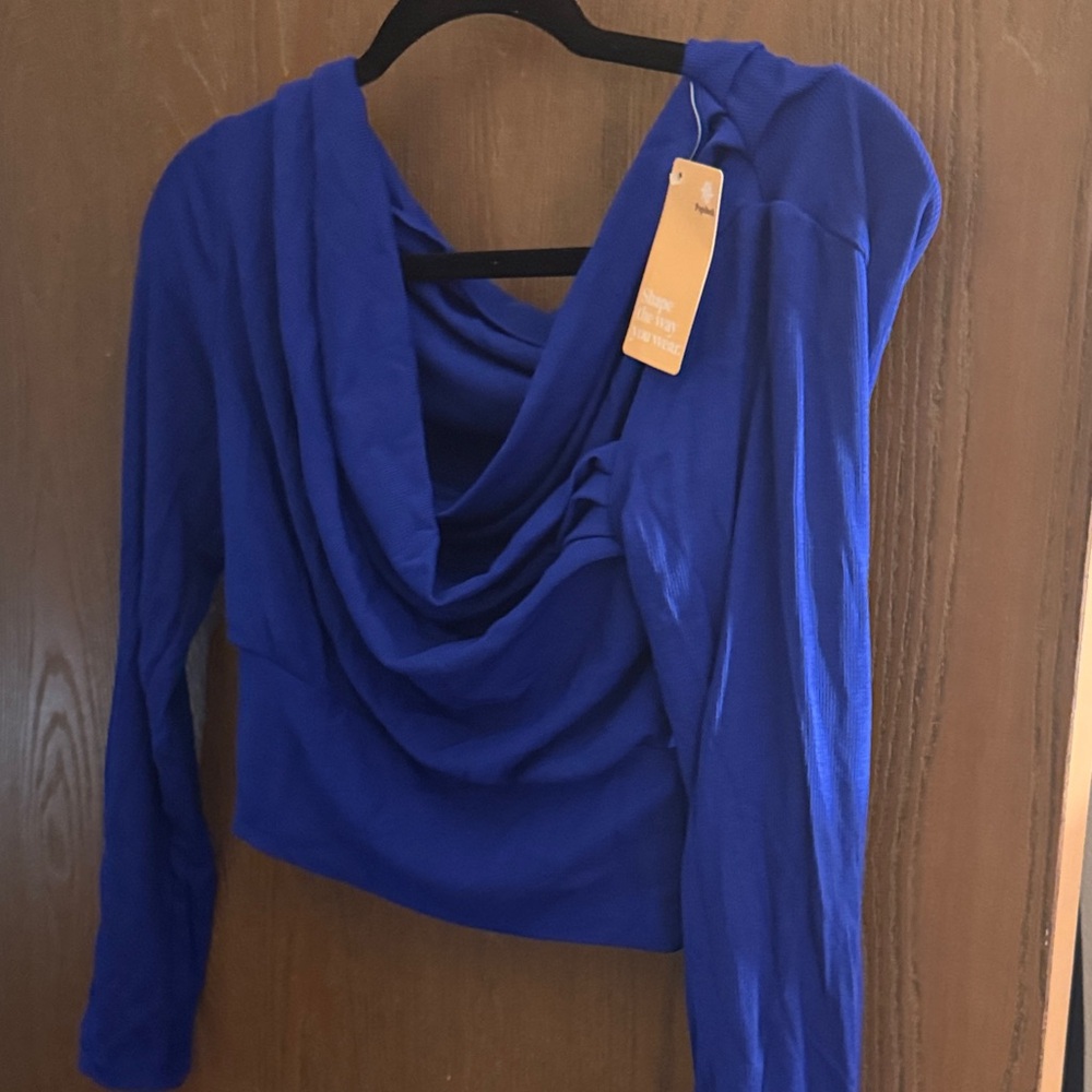 Vibrant Blue Off-Shoulder Shirt - Picture 3 of 5